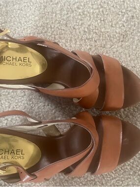 Michael Kors Brown-Tan Leather Strappy Platform Heels